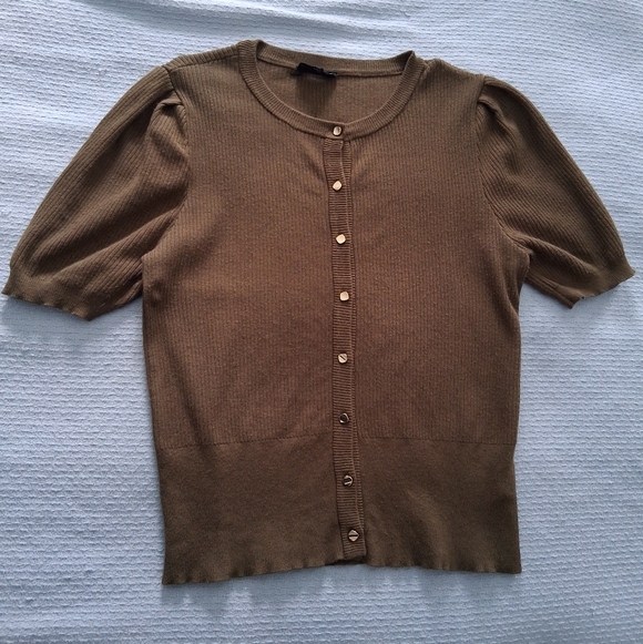 Marled Olive Green Ribbed Puff Short Sleeve Cardigan - Picture 3 of 8
